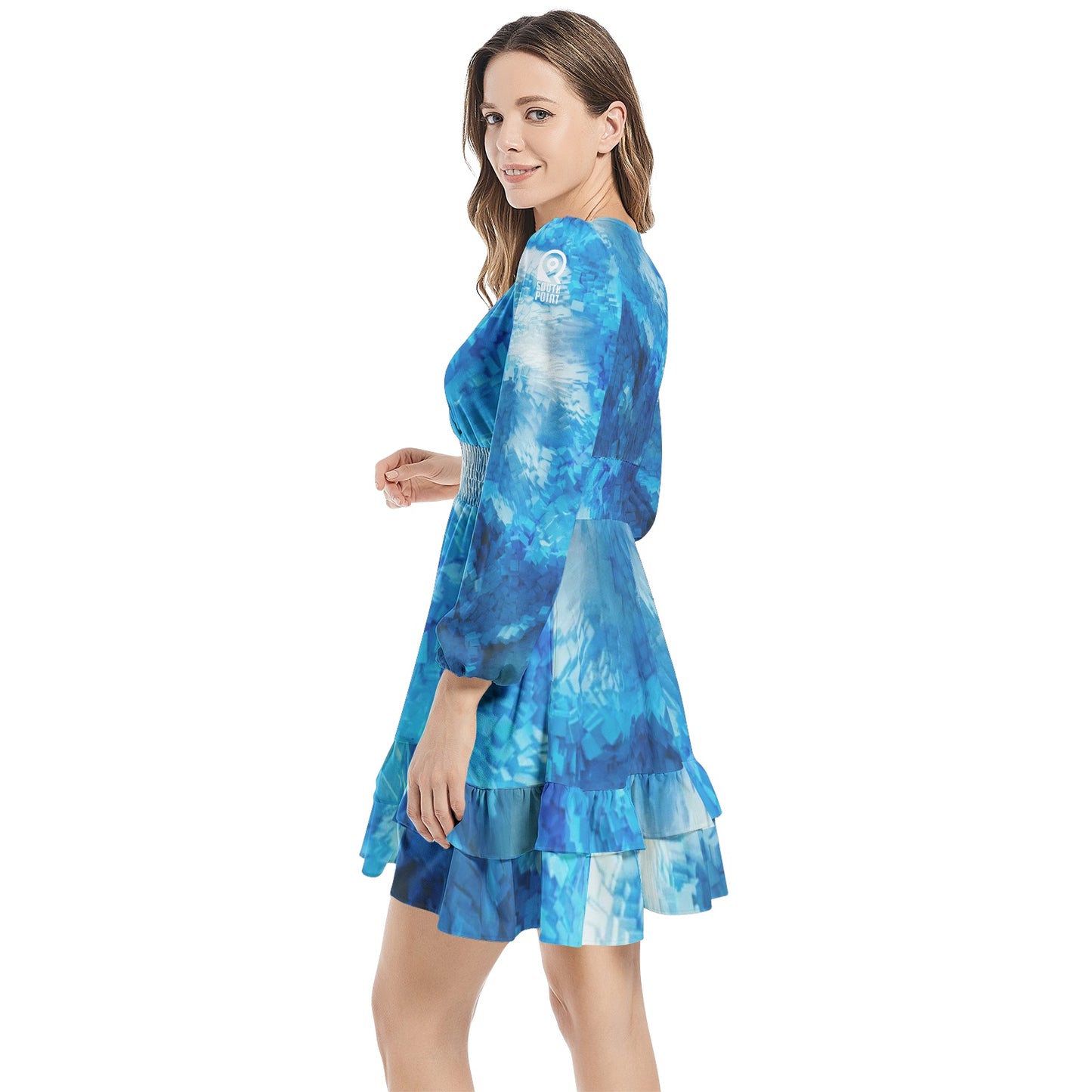 South Point Long Sleeve Elastic Waist Dress Abstract Style Blue x White