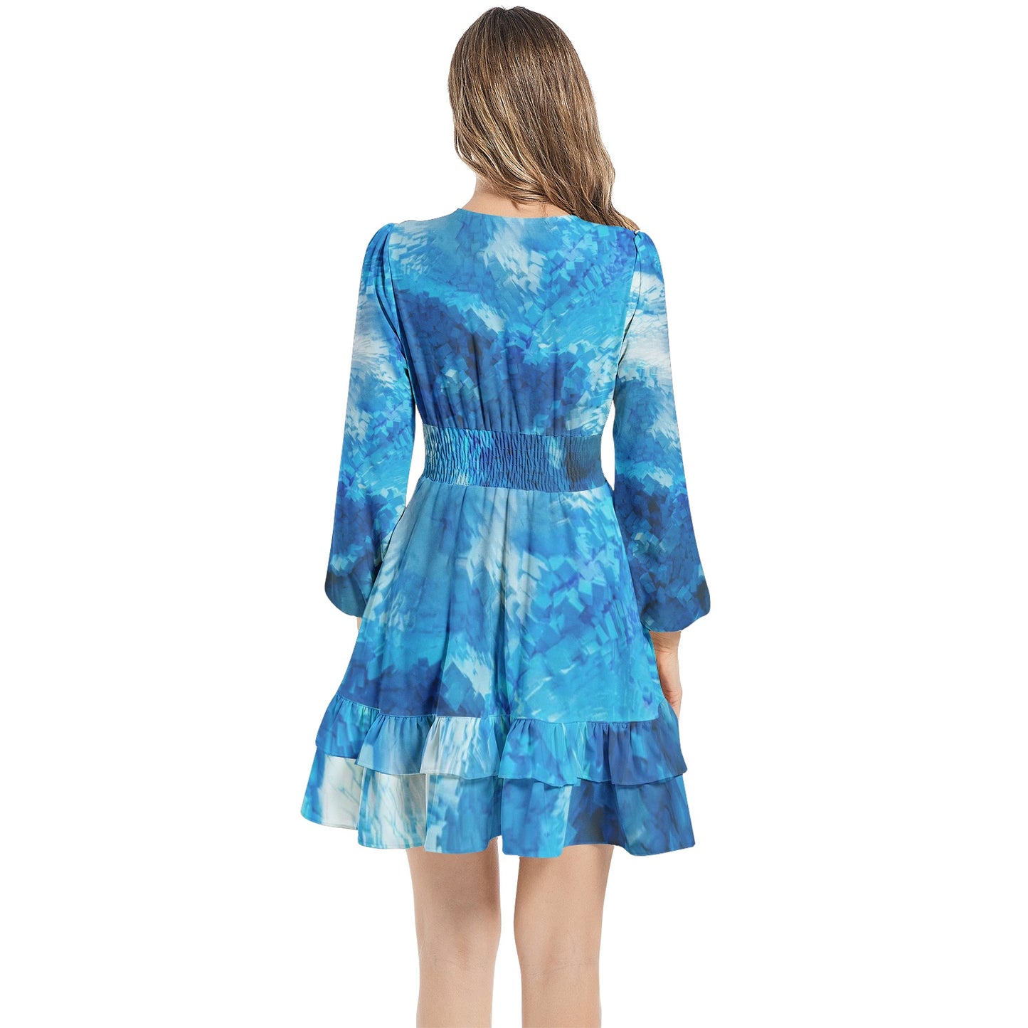 South Point Long Sleeve Elastic Waist Dress Abstract Style Blue x White