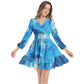 South Point Long Sleeve Elastic Waist Dress Abstract Style Blue x White