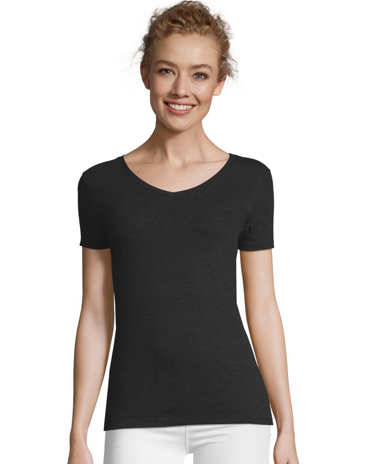 Hanes Women's Perfect-T Tri-Blend Short Sleeve V-Neck T-Shirt Black M
