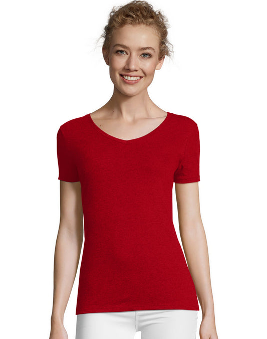 Hanes Women's Perfect-T Tri-Blend Short Sleeve V-Neck T-Shirt Deep Red Heather 2XL