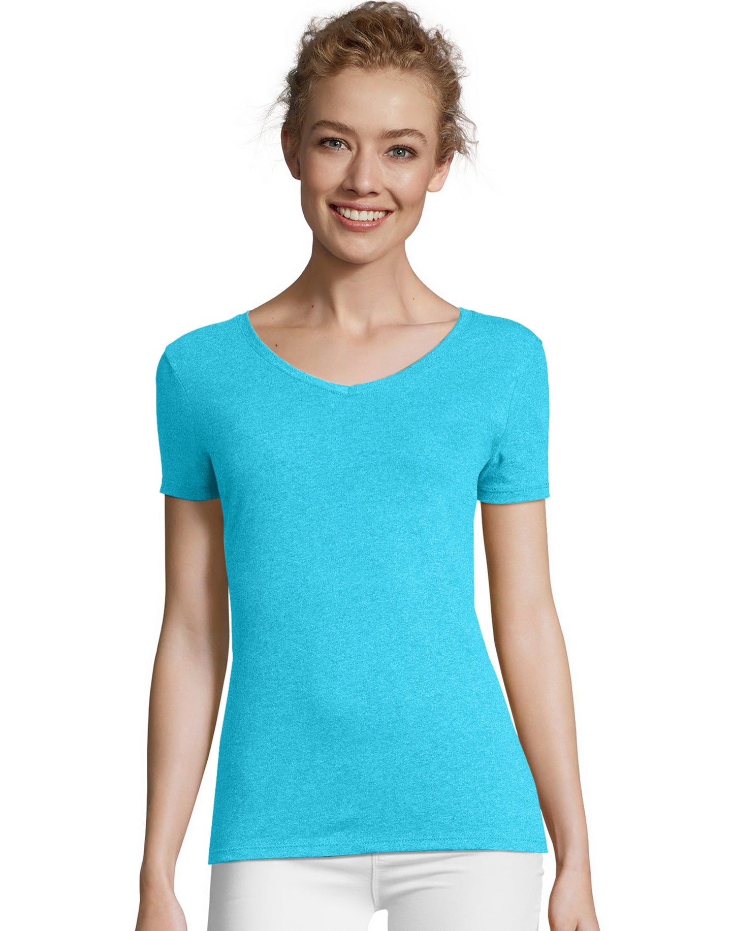 Hanes Women's Perfect-T Tri-Blend Short Sleeve V-Neck T-Shirt Flying Turquoise Heather XL