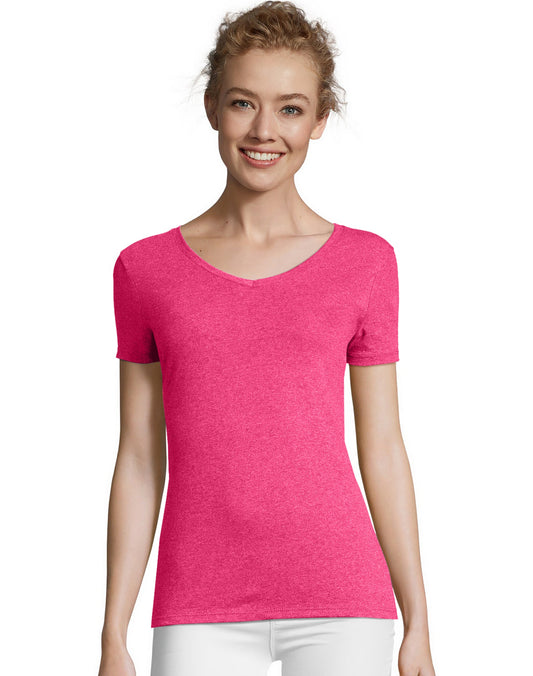 Hanes Women's Perfect-T Tri-Blend Short Sleeve V-Neck T-Shirt Jazzberry Pink Heather 3XL
