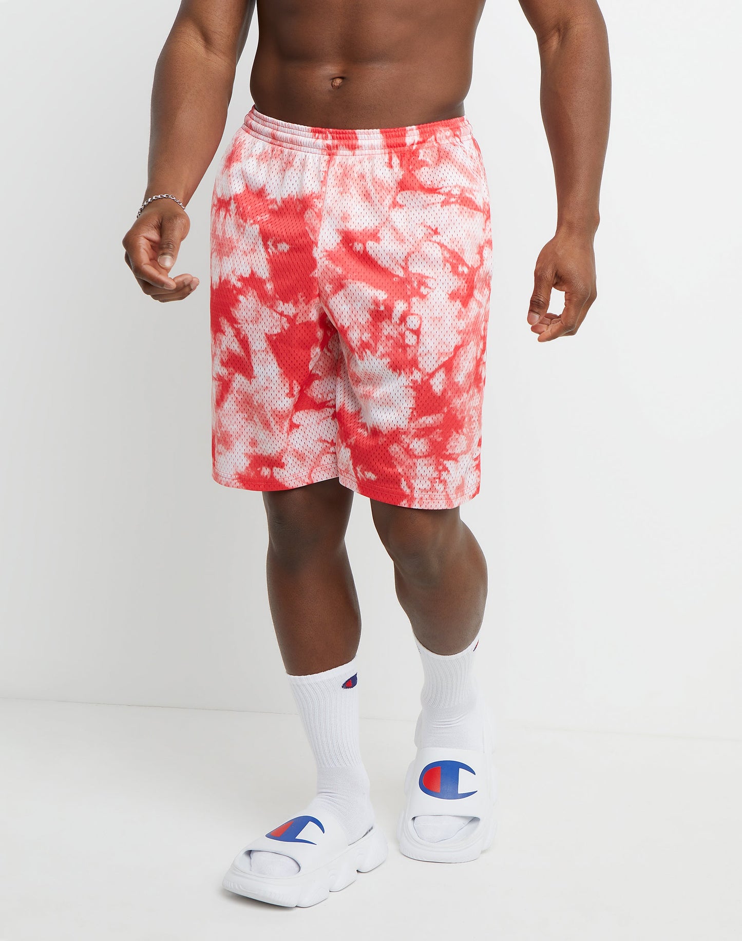 Men's Champion Mesh Print Shorts, 9" Crush Dye Red Stone XL