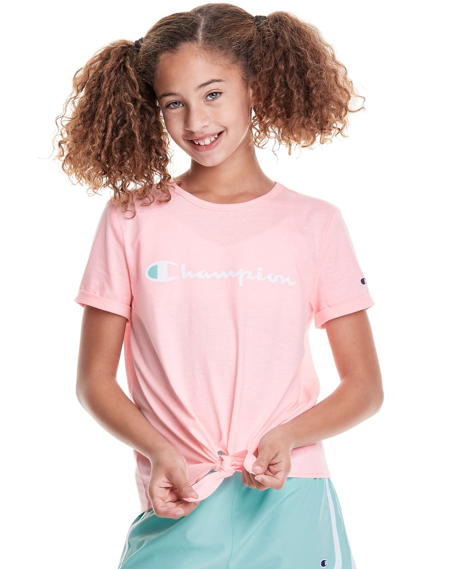 Champion Big Girls' Tie-Front Tee, Classic Script Pink Candy L