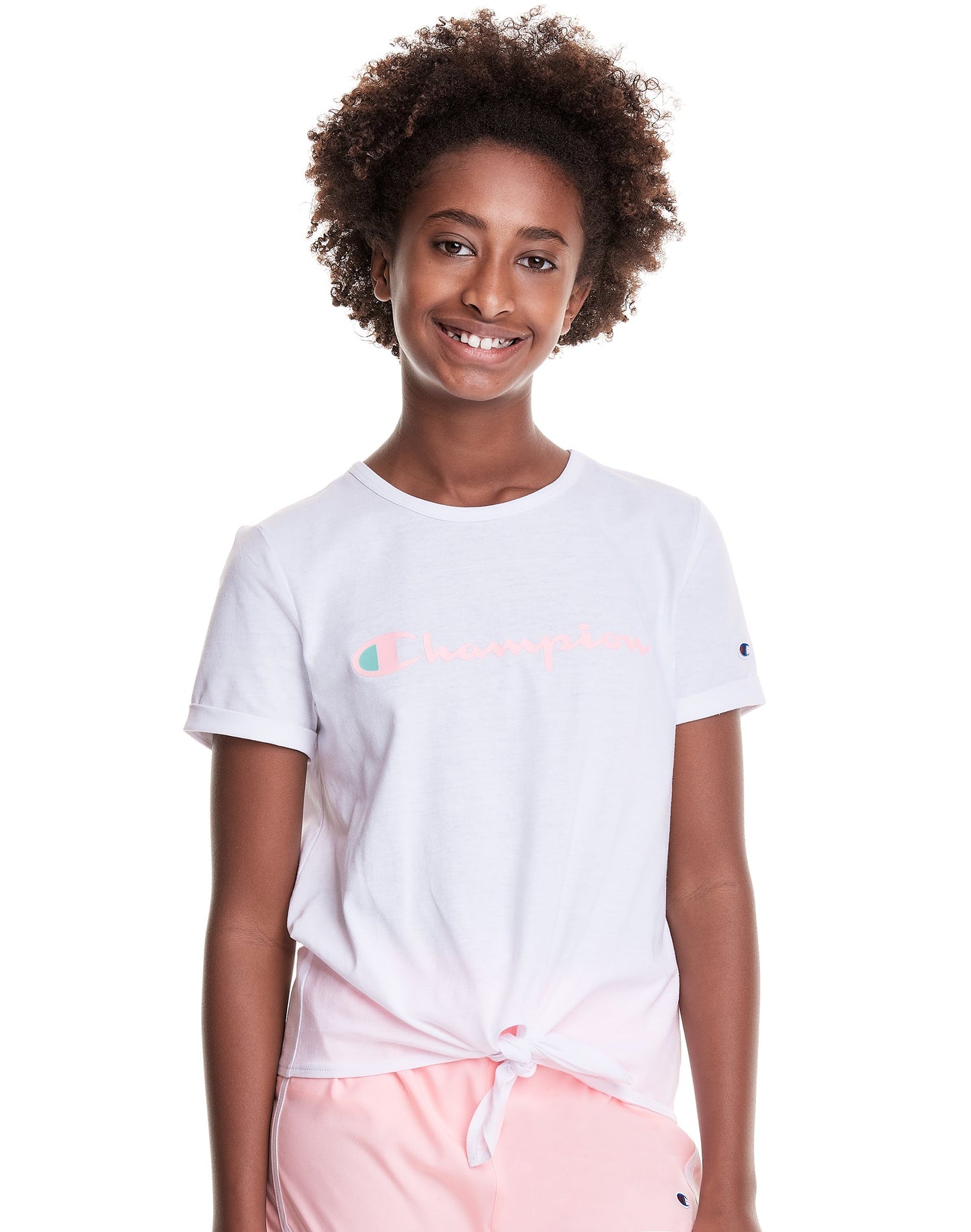 Champion Big Girls' Tie-Front Tee, Classic Script White M