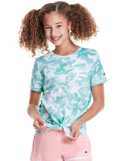 Champion Big Girls' Tie-Front Tee, Abstract Camo Aruba Blue-Abstract S